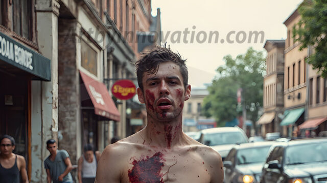 Twinkapocalypse, When Young Male Zombie Twinks, Attack. It's a zombie apocalypse, where young, handsome, freshly turned zombies, still handsome, and even sexy, wonder the city streets, looking for brains to eat. There are cars on fire, trash everywhere, chaos is in the amidst. A young man, covered with blood, dirty, with messy hair, with pale grey skin, dark circles around his eyes, and black lips, walking down a main city street. In this post-apocalyptic city, doing the classic, zombie walk, his head slightly tilted, mouth slightly opened, moaning, brains.