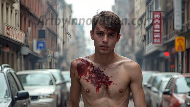 Twinkapocalypse, When Young Male Zombie Twinks, Attack. It's a zombie apocalypse, where young, handsome, freshly turned zombies, still handsome, and even sexy, wonder the city streets, looking for brains to eat. There are cars on fire, trash everywhere, chaos is in the amidst. A young man, covered with blood, dirty, with messy hair, with pale grey skin, dark circles around his eyes, and black lips, walking down a main city street. In this post-apocalyptic city, doing the classic, zombie walk, his head slightly tilted, mouth slightly opened, moaning, brains.