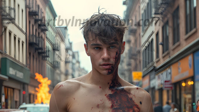 Twinkapocalypse, When Young Male Zombie Twinks, Attack. It's a zombie apocalypse, where young, handsome, freshly turned zombies, still handsome, and even sexy, wonder the city streets, looking for brains to eat. There are cars on fire, trash everywhere, chaos is in the amidst. A young man, covered with blood, dirty, with messy hair, with pale grey skin, dark circles around his eyes, and black lips, walking down a main city street. In this post-apocalyptic city, doing the classic, zombie walk, his head slightly tilted, mouth slightly opened, moaning, brains.