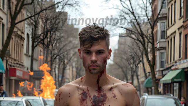 Twinkapocalypse, When Young Male Zombie Twinks, Attack. It's a zombie apocalypse, where young, handsome, freshly turned zombies, still handsome, and even sexy, wonder the city streets, looking for brains to eat. There are cars on fire, trash everywhere, chaos is in the amidst. A young man, covered with blood, dirty, with messy hair, with pale grey skin, dark circles around his eyes, and black lips, walking down a main city street. In this post-apocalyptic city, doing the classic, zombie walk, his head slightly tilted, mouth slightly opened, moaning, brains.