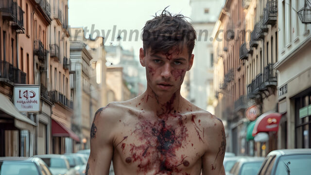 Twinkapocalypse, When Young Male Zombie Twinks, Attack. It's a zombie apocalypse, where young, handsome, freshly turned zombies, still handsome, and even sexy, wonder the city streets, looking for brains to eat. There are cars on fire, trash everywhere, chaos is in the amidst. A young man, covered with blood, dirty, with messy hair, with pale grey skin, dark circles around his eyes, and black lips, walking down a main city street. In this post-apocalyptic city, doing the classic, zombie walk, his head slightly tilted, mouth slightly opened, moaning, brains.