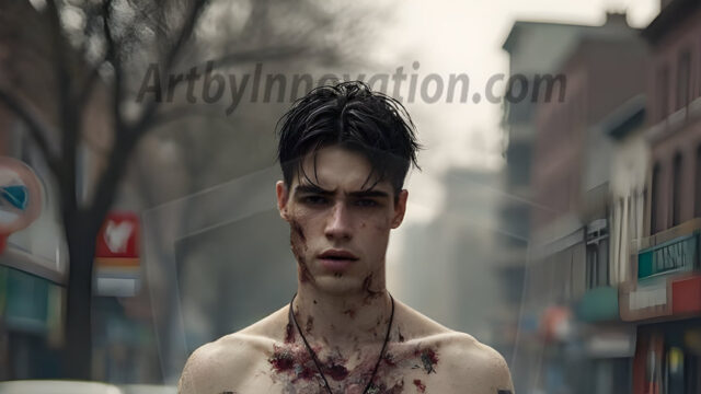 Twinkapocalypse, When Young Male Zombie Twinks, Attack. It's a zombie apocalypse, where young, handsome, freshly turned zombies, still handsome, and even sexy, wonder the city streets, looking for brains to eat. There are cars on fire, trash everywhere, chaos is in the amidst. A young man, covered with blood, dirty, with messy hair, with pale grey skin, dark circles around his eyes, and black lips, walking down a main city street. In this post-apocalyptic city, doing the classic, zombie walk, his head slightly tilted, mouth slightly opened, moaning, brains.