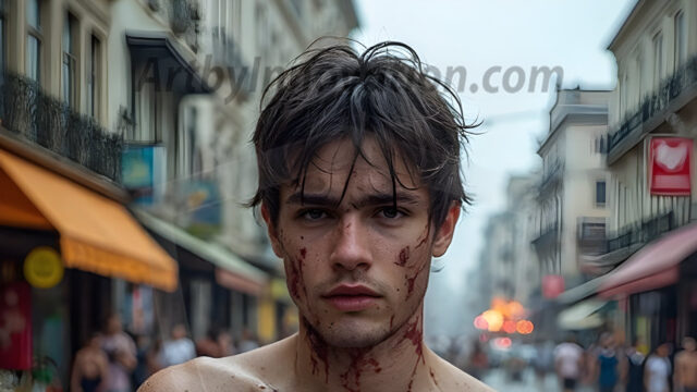 Twinkapocalypse, When Young Male Zombie Twinks, Attack. It's a zombie apocalypse, where young, handsome, freshly turned zombies, still handsome, and even sexy, wonder the city streets, looking for brains to eat. There are cars on fire, trash everywhere, chaos is in the amidst. A young man, covered with blood, dirty, with messy hair, with pale grey skin, dark circles around his eyes, and black lips, walking down a main city street. In this post-apocalyptic city, doing the classic, zombie walk, his head slightly tilted, mouth slightly opened, moaning, brains.