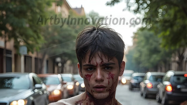 Twinkapocalypse, When Young Male Zombie Twinks, Attack. It's a zombie apocalypse, where young, handsome, freshly turned zombies, still handsome, and even sexy, wonder the city streets, looking for brains to eat. There are cars on fire, trash everywhere, chaos is in the amidst. A young man, covered with blood, dirty, with messy hair, with pale grey skin, dark circles around his eyes, and black lips, walking down a main city street. In this post-apocalyptic city, doing the classic, zombie walk, his head slightly tilted, mouth slightly opened, moaning, brains.