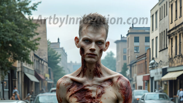 Twinkapocalypse, When Young Male Zombie Twinks, Attack. It's a zombie apocalypse, where young, handsome, freshly turned zombies, still handsome, and even sexy, wonder the city streets, looking for brains to eat. There are cars on fire, trash everywhere, chaos is in the amidst. A young man, covered with blood, dirty, with messy hair, with pale grey skin, dark circles around his eyes, and black lips, walking down a main city street. In this post-apocalyptic city, doing the classic, zombie walk, his head slightly tilted, mouth slightly opened, moaning, brains.