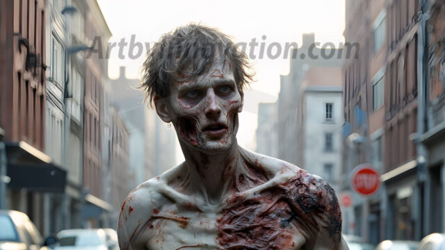 Twinkapocalypse, When Young Male Zombie Twinks, Attack. It's a zombie apocalypse, where young, handsome, freshly turned zombies, still handsome, and even sexy, wonder the city streets, looking for brains to eat. There are cars on fire, trash everywhere, chaos is in the amidst. A young man, covered with blood, dirty, with messy hair, with pale grey skin, dark circles around his eyes, and black lips, walking down a main city street. In this post-apocalyptic city, doing the classic, zombie walk, his head slightly tilted, mouth slightly opened, moaning, brains.