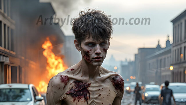 Twinkapocalypse, When Young Male Zombie Twinks, Attack. It's a zombie apocalypse, where young, handsome, freshly turned zombies, still handsome, and even sexy, wonder the city streets, looking for brains to eat. There are cars on fire, trash everywhere, chaos is in the amidst. A young man, covered with blood, dirty, with messy hair, with pale grey skin, dark circles around his eyes, and black lips, walking down a main city street. In this post-apocalyptic city, doing the classic, zombie walk, his head slightly tilted, mouth slightly opened, moaning, brains.