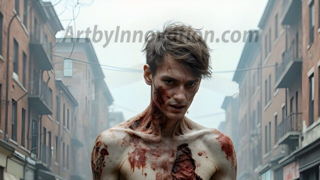 Twinkapocalypse, When Young Male Zombie Twinks, Attack. It's a zombie apocalypse, where young, handsome, freshly turned zombies, still handsome, and even sexy, wonder the city streets, looking for brains to eat. There are cars on fire, trash everywhere, chaos is in the amidst. A young man, covered with blood, dirty, with messy hair, with pale grey skin, dark circles around his eyes, and black lips, walking down a main city street. In this post-apocalyptic city, doing the classic, zombie walk, his head slightly tilted, mouth slightly opened, moaning, brains.