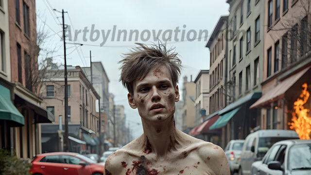 Twinkapocalypse, When Young Male Zombie Twinks, Attack. It's a zombie apocalypse, where young, handsome, freshly turned zombies, still handsome, and even sexy, wonder the city streets, looking for brains to eat. There are cars on fire, trash everywhere, chaos is in the amidst. A young man, covered with blood, dirty, with messy hair, with pale grey skin, dark circles around his eyes, and black lips, walking down a main city street. In this post-apocalyptic city, doing the classic, zombie walk, his head slightly tilted, mouth slightly opened, moaning, brains.