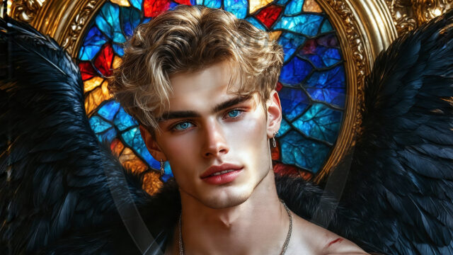 Vampires on Ornate Throne. A shirtless vampire male, wearing black leather pants, black leather boots, with glowing red eyes, sharp fangs, and prominent jawline. Sitting on a throne, a grand throne made of iron and silver, with a wall of skulls behind the throne, blood dripping from his red perky lips, with his dynamic pose. Strands of his vibrant black hair cascade around his face, blowing in the wind.