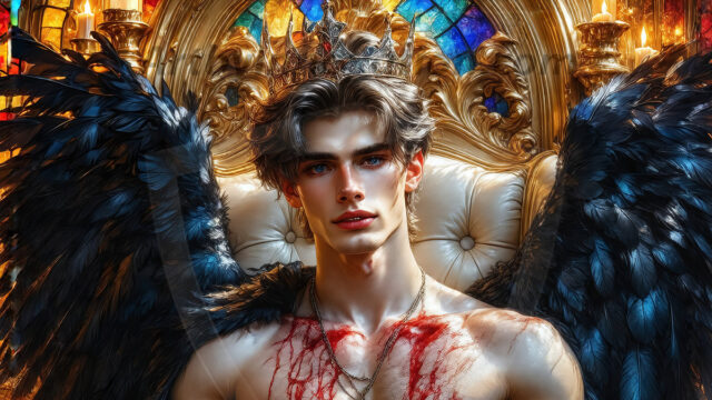 Vampires on Ornate Throne. A shirtless vampire male, wearing black leather pants, black leather boots, with glowing red eyes, sharp fangs, and prominent jawline. Sitting on a throne, a grand throne made of iron and silver, with a wall of skulls behind the throne, blood dripping from his red perky lips, with his dynamic pose. Strands of his vibrant black hair cascade around his face, blowing in the wind.