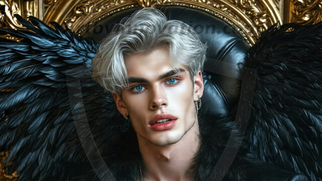 Vampires on Ornate Throne. A shirtless vampire male, wearing black leather pants, black leather boots, with glowing red eyes, sharp fangs, and prominent jawline. Sitting on a throne, a grand throne made of iron and silver, with a wall of skulls behind the throne, blood dripping from his red perky lips, with his dynamic pose. Strands of his vibrant black hair cascade around his face, blowing in the wind.