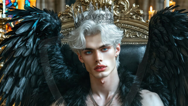 Vampires on Ornate Throne. A shirtless vampire male, wearing black leather pants, black leather boots, with glowing red eyes, sharp fangs, and prominent jawline. Sitting on a throne, a grand throne made of iron and silver, with a wall of skulls behind the throne, blood dripping from his red perky lips, with his dynamic pose. Strands of his vibrant black hair cascade around his face, blowing in the wind.