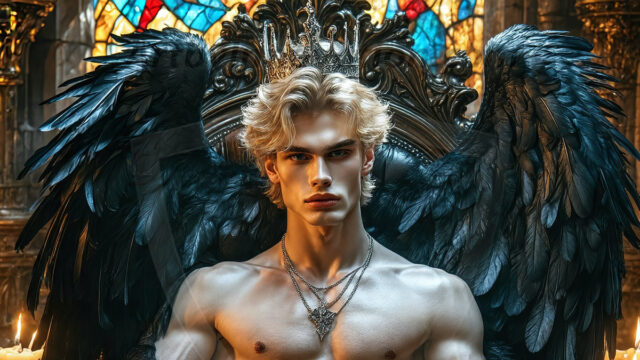 Vampires on Ornate Throne. A shirtless vampire male, wearing black leather pants, black leather boots, with glowing red eyes, sharp fangs, and prominent jawline. Sitting on a throne, a grand throne made of iron and silver, with a wall of skulls behind the throne, blood dripping from his red perky lips, with his dynamic pose. Strands of his vibrant black hair cascade around his face, blowing in the wind.
