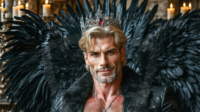 Vampires on Ornate Throne. A shirtless vampire male, wearing black leather pants, black leather boots, with glowing red eyes, sharp fangs, and prominent jawline. Sitting on a throne, a grand throne made of iron and silver, with a wall of skulls behind the throne, blood dripping from his red perky lips, with his dynamic pose. Strands of his vibrant black hair cascade around his face, blowing in the wind.