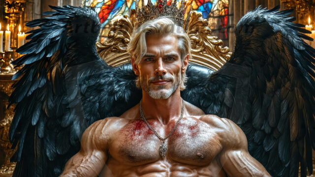Vampires on Ornate Throne. A shirtless vampire male, wearing black leather pants, black leather boots, with glowing red eyes, sharp fangs, and prominent jawline. Sitting on a throne, a grand throne made of iron and silver, with a wall of skulls behind the throne, blood dripping from his red perky lips, with his dynamic pose. Strands of his vibrant black hair cascade around his face, blowing in the wind.