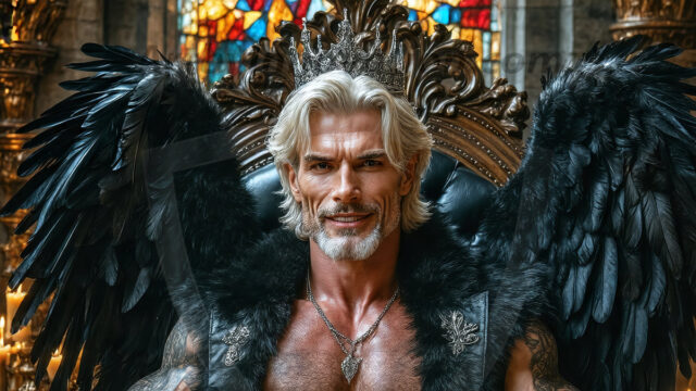 Vampires on Ornate Throne. A shirtless vampire male, wearing black leather pants, black leather boots, with glowing red eyes, sharp fangs, and prominent jawline. Sitting on a throne, a grand throne made of iron and silver, with a wall of skulls behind the throne, blood dripping from his red perky lips, with his dynamic pose. Strands of his vibrant black hair cascade around his face, blowing in the wind.