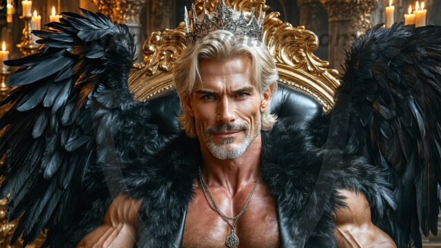 Vampires on Ornate Throne. A shirtless vampire male, wearing black leather pants, black leather boots, with glowing red eyes, sharp fangs, and prominent jawline. Sitting on a throne, a grand throne made of iron and silver, with a wall of skulls behind the throne, blood dripping from his red perky lips, with his dynamic pose. Strands of his vibrant black hair cascade around his face, blowing in the wind.