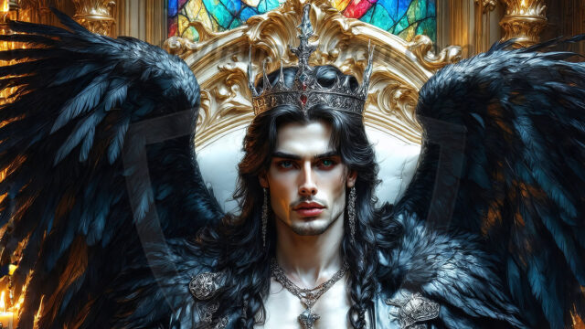 Vampires on Ornate Throne. A shirtless vampire male, wearing black leather pants, black leather boots, with glowing red eyes, sharp fangs, and prominent jawline. Sitting on a throne, a grand throne made of iron and silver, with a wall of skulls behind the throne, blood dripping from his red perky lips, with his dynamic pose. Strands of his vibrant black hair cascade around his face, blowing in the wind.