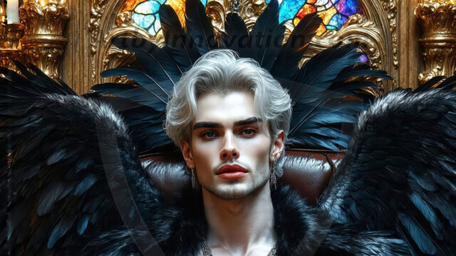 Vampires on Ornate Throne. A shirtless vampire male, wearing black leather pants, black leather boots, with glowing red eyes, sharp fangs, and prominent jawline. Sitting on a throne, a grand throne made of iron and silver, with a wall of skulls behind the throne, blood dripping from his red perky lips, with his dynamic pose. Strands of his vibrant black hair cascade around his face, blowing in the wind.