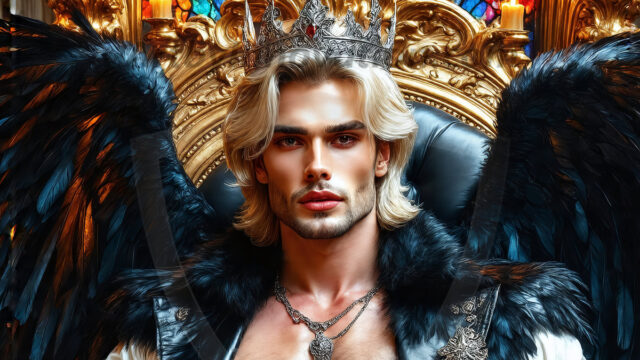 Vampires on Ornate Throne. A shirtless vampire male, wearing black leather pants, black leather boots, with glowing red eyes, sharp fangs, and prominent jawline. Sitting on a throne, a grand throne made of iron and silver, with a wall of skulls behind the throne, blood dripping from his red perky lips, with his dynamic pose. Strands of his vibrant black hair cascade around his face, blowing in the wind.
