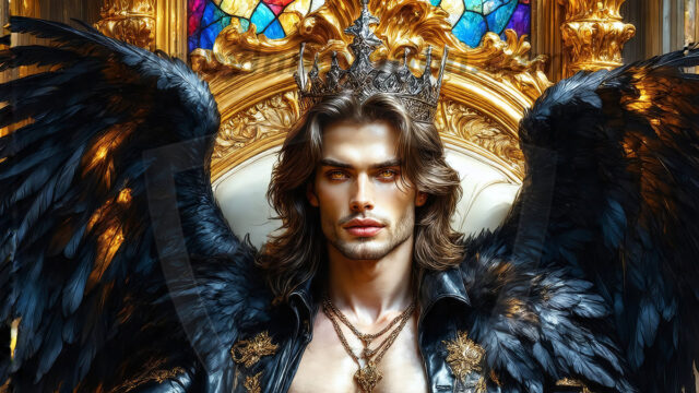 Vampires on Ornate Throne. A shirtless vampire male, wearing black leather pants, black leather boots, with glowing red eyes, sharp fangs, and prominent jawline. Sitting on a throne, a grand throne made of iron and silver, with a wall of skulls behind the throne, blood dripping from his red perky lips, with his dynamic pose. Strands of his vibrant black hair cascade around his face, blowing in the wind.