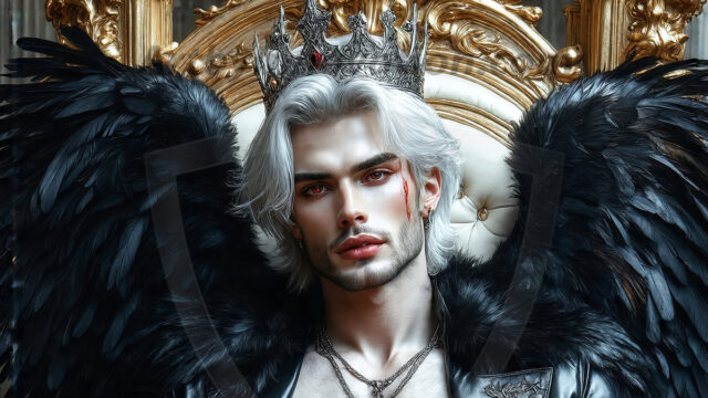 Vampires on Ornate Throne. A shirtless vampire male, wearing black leather pants, black leather boots, with glowing red eyes, sharp fangs, and prominent jawline. Sitting on a throne, a grand throne made of iron and silver, with a wall of skulls behind the throne, blood dripping from his red perky lips, with his dynamic pose. Strands of his vibrant black hair cascade around his face, blowing in the wind.