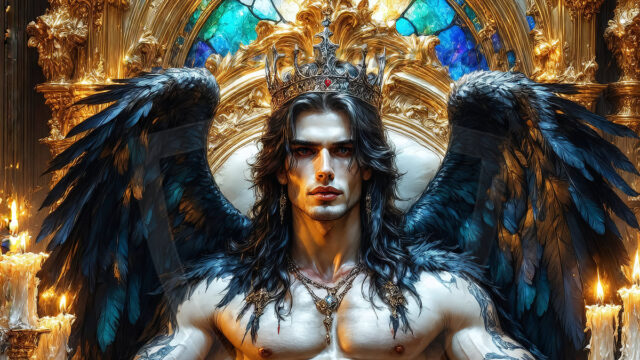 Vampires on Ornate Throne. A shirtless vampire male, wearing black leather pants, black leather boots, with glowing red eyes, sharp fangs, and prominent jawline. Sitting on a throne, a grand throne made of iron and silver, with a wall of skulls behind the throne, blood dripping from his red perky lips, with his dynamic pose. Strands of his vibrant black hair cascade around his face, blowing in the wind.