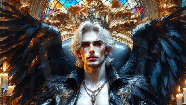 Vampires on Ornate Throne. A shirtless vampire male, wearing black leather pants, black leather boots, with glowing red eyes, sharp fangs, and prominent jawline. Sitting on a throne, a grand throne made of iron and silver, with a wall of skulls behind the throne, blood dripping from his red perky lips, with his dynamic pose. Strands of his vibrant black hair cascade around his face, blowing in the wind.
