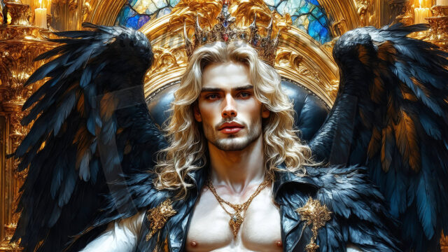 Vampires on Ornate Throne. A shirtless vampire male, wearing black leather pants, black leather boots, with glowing red eyes, sharp fangs, and prominent jawline. Sitting on a throne, a grand throne made of iron and silver, with a wall of skulls behind the throne, blood dripping from his red perky lips, with his dynamic pose. Strands of his vibrant black hair cascade around his face, blowing in the wind.