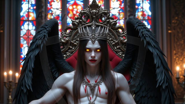 Vampires on Ornate Throne. A shirtless vampire male, wearing black leather pants, black leather boots, with glowing red eyes, sharp fangs, and prominent jawline. Sitting on a throne, a grand throne made of iron and silver, with a wall of skulls behind the throne, blood dripping from his red perky lips, with his dynamic pose. Strands of his vibrant black hair cascade around his face, blowing in the wind.
