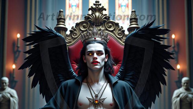 Vampires on Ornate Throne. A shirtless vampire male, wearing black leather pants, black leather boots, with glowing red eyes, sharp fangs, and prominent jawline. Sitting on a throne, a grand throne made of iron and silver, with a wall of skulls behind the throne, blood dripping from his red perky lips, with his dynamic pose. Strands of his vibrant black hair cascade around his face, blowing in the wind.