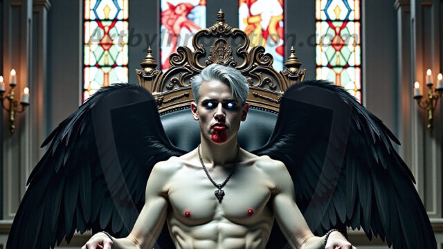 Vampires on Ornate Throne. A shirtless vampire male, wearing black leather pants, black leather boots, with glowing red eyes, sharp fangs, and prominent jawline. Sitting on a throne, a grand throne made of iron and silver, with a wall of skulls behind the throne, blood dripping from his red perky lips, with his dynamic pose. Strands of his vibrant black hair cascade around his face, blowing in the wind.
