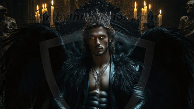 Vampires on Ornate Throne. A shirtless vampire male, wearing black leather pants, black leather boots, with glowing red eyes, sharp fangs, and prominent jawline. Sitting on a throne, a grand throne made of iron and silver, with a wall of skulls behind the throne, blood dripping from his red perky lips, with his dynamic pose. Strands of his vibrant black hair cascade around his face, blowing in the wind.