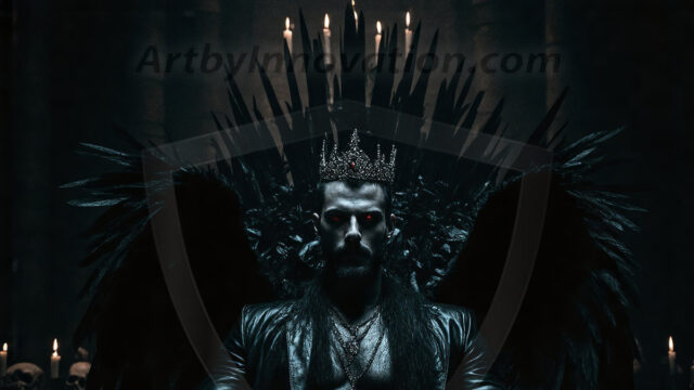 Vampires on Ornate Throne. A shirtless vampire male, wearing black leather pants, black leather boots, with glowing red eyes, sharp fangs, and prominent jawline. Sitting on a throne, a grand throne made of iron and silver, with a wall of skulls behind the throne, blood dripping from his red perky lips, with his dynamic pose. Strands of his vibrant black hair cascade around his face, blowing in the wind.