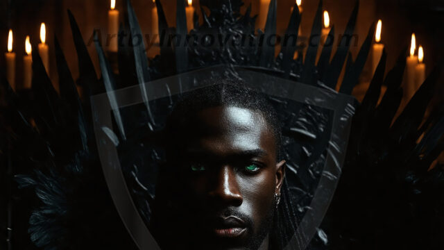 Vampires on Ornate Throne. A shirtless vampire male, wearing black leather pants, black leather boots, with glowing red eyes, sharp fangs, and prominent jawline. Sitting on a throne, a grand throne made of iron and silver, with a wall of skulls behind the throne, blood dripping from his red perky lips, with his dynamic pose. Strands of his vibrant black hair cascade around his face, blowing in the wind.
