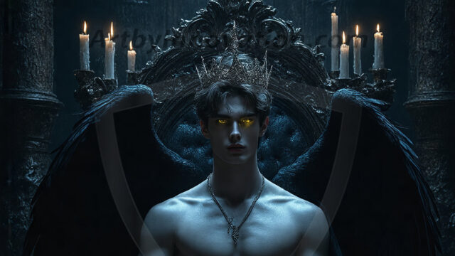 Vampires on Ornate Throne. A shirtless vampire male, wearing black leather pants, black leather boots, with glowing red eyes, sharp fangs, and prominent jawline. Sitting on a throne, a grand throne made of iron and silver, with a wall of skulls behind the throne, blood dripping from his red perky lips, with his dynamic pose. Strands of his vibrant black hair cascade around his face, blowing in the wind.