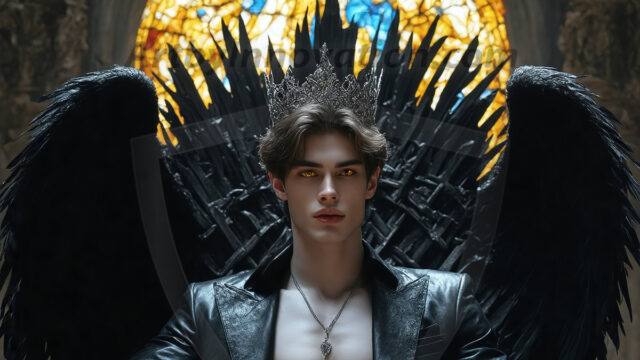 Vampires on Ornate Throne. A shirtless vampire male, wearing black leather pants, black leather boots, with glowing red eyes, sharp fangs, and prominent jawline. Sitting on a throne, a grand throne made of iron and silver, with a wall of skulls behind the throne, blood dripping from his red perky lips, with his dynamic pose. Strands of his vibrant black hair cascade around his face, blowing in the wind.