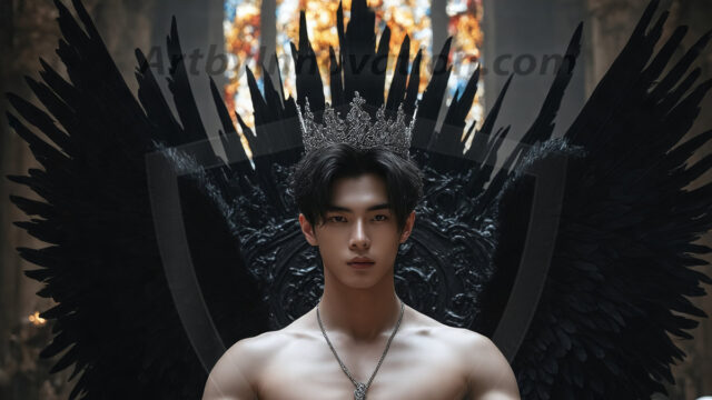 Vampires on Ornate Throne. A shirtless vampire male, wearing black leather pants, black leather boots, with glowing red eyes, sharp fangs, and prominent jawline. Sitting on a throne, a grand throne made of iron and silver, with a wall of skulls behind the throne, blood dripping from his red perky lips, with his dynamic pose. Strands of his vibrant black hair cascade around his face, blowing in the wind.