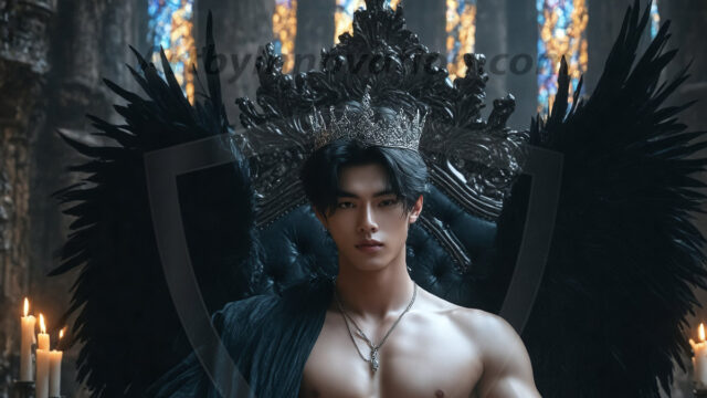 Vampires on Ornate Throne. A shirtless vampire male, wearing black leather pants, black leather boots, with glowing red eyes, sharp fangs, and prominent jawline. Sitting on a throne, a grand throne made of iron and silver, with a wall of skulls behind the throne, blood dripping from his red perky lips, with his dynamic pose. Strands of his vibrant black hair cascade around his face, blowing in the wind.