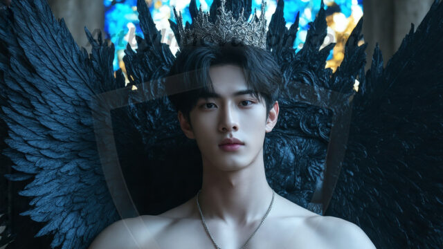 Vampires on Ornate Throne. A shirtless vampire male, wearing black leather pants, black leather boots, with glowing red eyes, sharp fangs, and prominent jawline. Sitting on a throne, a grand throne made of iron and silver, with a wall of skulls behind the throne, blood dripping from his red perky lips, with his dynamic pose. Strands of his vibrant black hair cascade around his face, blowing in the wind.