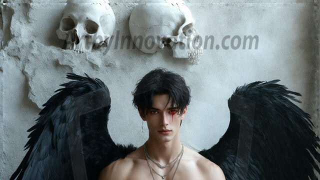 Vampires on Ornate Throne. A shirtless vampire male, wearing black leather pants, black leather boots, with glowing red eyes, sharp fangs, and prominent jawline. Sitting on a throne, a grand throne made of iron and silver, with a wall of skulls behind the throne, blood dripping from his red perky lips, with his dynamic pose. Strands of his vibrant black hair cascade around his face, blowing in the wind.