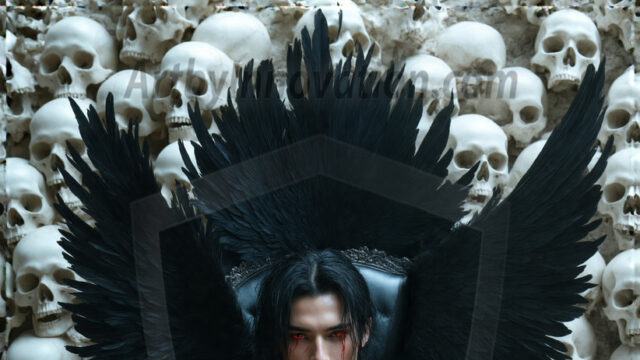 Vampires on Ornate Throne. A shirtless vampire male, wearing black leather pants, black leather boots, with glowing red eyes, sharp fangs, and prominent jawline. Sitting on a throne, a grand throne made of iron and silver, with a wall of skulls behind the throne, blood dripping from his red perky lips, with his dynamic pose. Strands of his vibrant black hair cascade around his face, blowing in the wind.