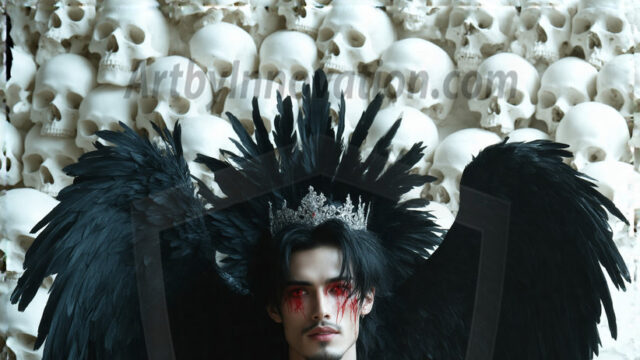 Vampires on Ornate Throne. A shirtless vampire male, wearing black leather pants, black leather boots, with glowing red eyes, sharp fangs, and prominent jawline. Sitting on a throne, a grand throne made of iron and silver, with a wall of skulls behind the throne, blood dripping from his red perky lips, with his dynamic pose. Strands of his vibrant black hair cascade around his face, blowing in the wind.