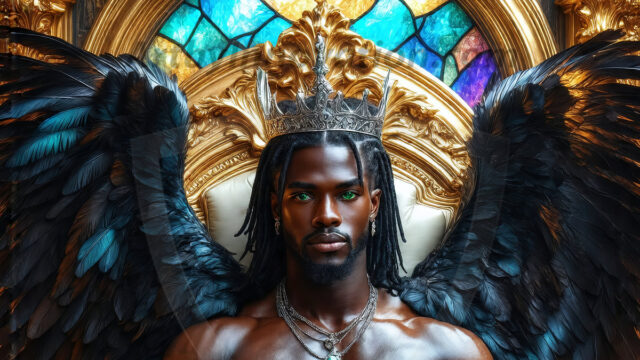 Vampires on Ornate Throne. A shirtless vampire male, wearing black leather pants, black leather boots, with glowing red eyes, sharp fangs, and prominent jawline. Sitting on a throne, a grand throne made of iron and silver, with a wall of skulls behind the throne, blood dripping from his red perky lips, with his dynamic pose. Strands of his vibrant black hair cascade around his face, blowing in the wind.