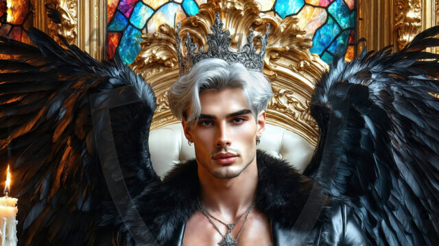 Vampires on Ornate Throne. A shirtless vampire male, wearing black leather pants, black leather boots, with glowing red eyes, sharp fangs, and prominent jawline. Sitting on a throne, a grand throne made of iron and silver, with a wall of skulls behind the throne, blood dripping from his red perky lips, with his dynamic pose. Strands of his vibrant black hair cascade around his face, blowing in the wind.