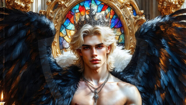 Vampires on Ornate Throne. A shirtless vampire male, wearing black leather pants, black leather boots, with glowing red eyes, sharp fangs, and prominent jawline. Sitting on a throne, a grand throne made of iron and silver, with a wall of skulls behind the throne, blood dripping from his red perky lips, with his dynamic pose. Strands of his vibrant black hair cascade around his face, blowing in the wind.
