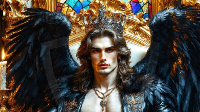 Vampires on Ornate Throne. A shirtless vampire male, wearing black leather pants, black leather boots, with glowing red eyes, sharp fangs, and prominent jawline. Sitting on a throne, a grand throne made of iron and silver, with a wall of skulls behind the throne, blood dripping from his red perky lips, with his dynamic pose. Strands of his vibrant black hair cascade around his face, blowing in the wind.