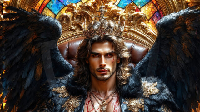 Vampires on Ornate Throne. A shirtless vampire male, wearing black leather pants, black leather boots, with glowing red eyes, sharp fangs, and prominent jawline. Sitting on a throne, a grand throne made of iron and silver, with a wall of skulls behind the throne, blood dripping from his red perky lips, with his dynamic pose. Strands of his vibrant black hair cascade around his face, blowing in the wind.