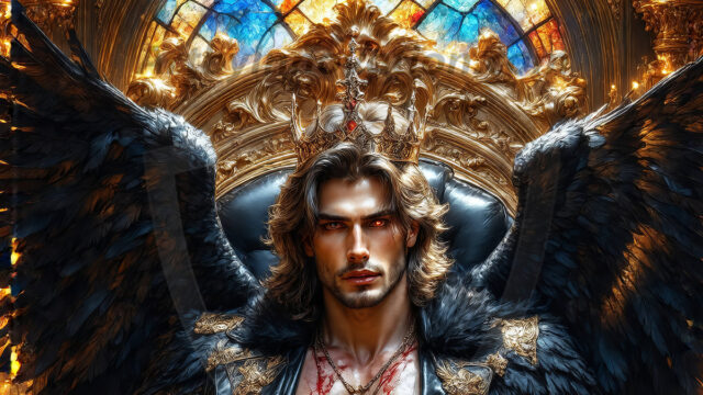 Vampires on Ornate Throne. A shirtless vampire male, wearing black leather pants, black leather boots, with glowing red eyes, sharp fangs, and prominent jawline. Sitting on a throne, a grand throne made of iron and silver, with a wall of skulls behind the throne, blood dripping from his red perky lips, with his dynamic pose. Strands of his vibrant black hair cascade around his face, blowing in the wind.
